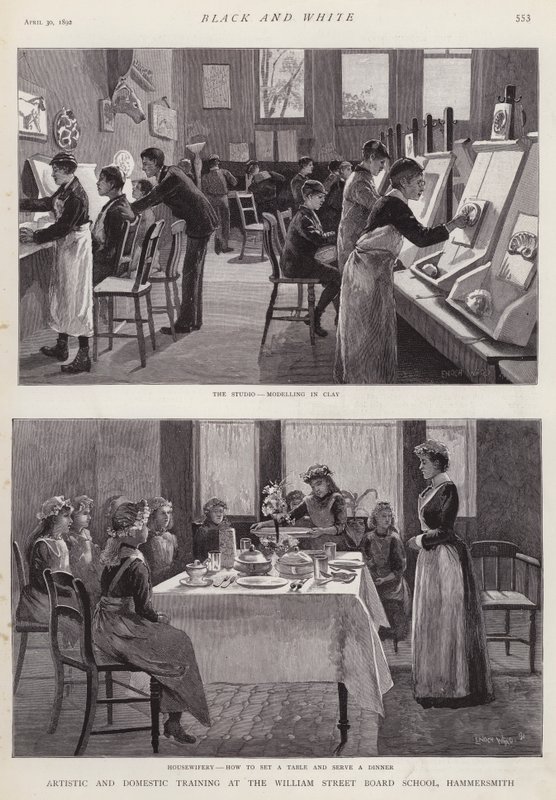 Szkolenie artystyczne i domowe w William Street Board School, Hammersmith, Londyn (lito) autorstwa Enoch Ward