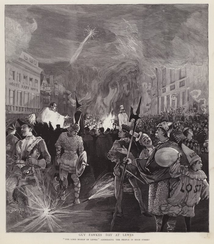 Procesja z okazji Dnia Guya Fawkesa w Lewes, Sussex, 5 listopada 1892 (lito) autorstwa Enoch Ward