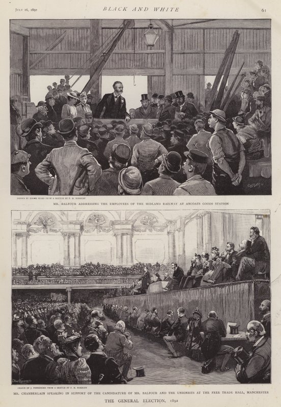 Sceny z brytyjskiej kampanii wyborczej w 1892 r. (lito) autorstwa Enoch Ward