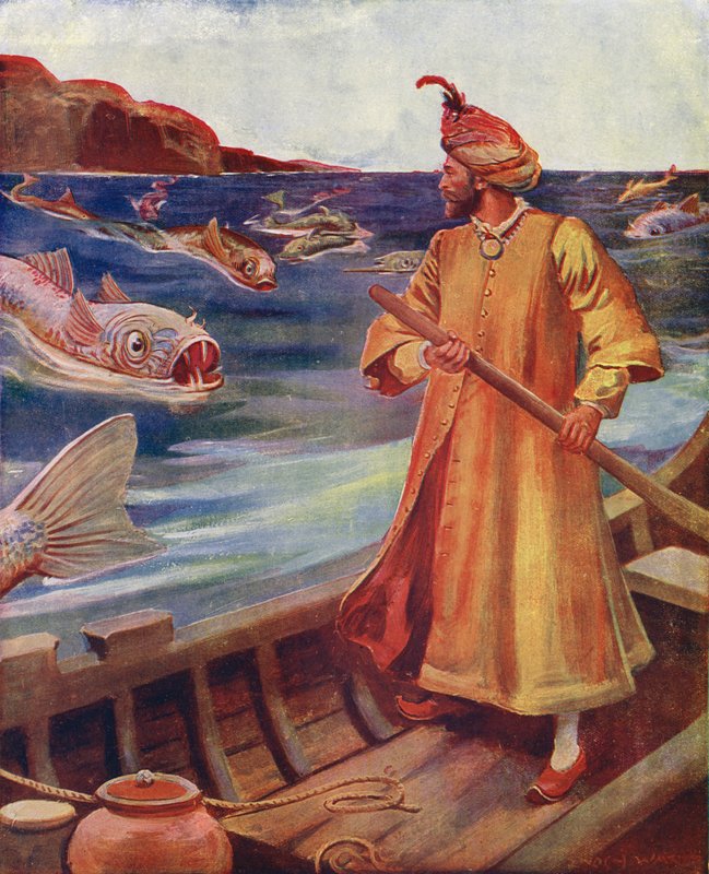 Sindbad widzi ogromne ryby (kolorowa litografia) autorstwa Enoch Ward