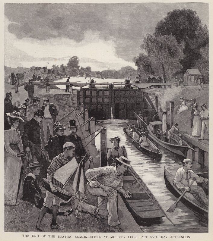 Koniec sezonu żeglarskiego: scena w śluzie Molesey na Tamizie, Surrey (litografia) autorstwa Enoch Ward