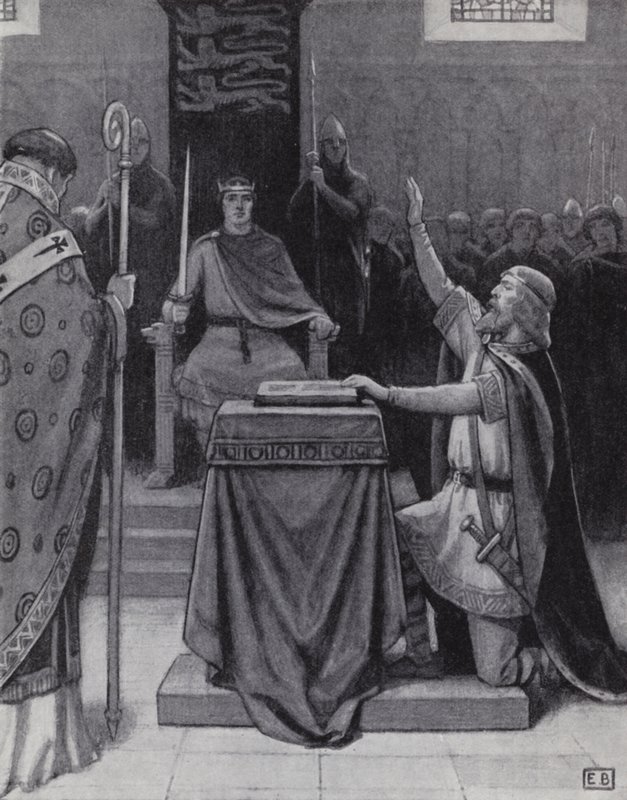 Harold Godwinson składa przysięgę na święte relikwie, aby wesprzeć Williama, księcia Normandii w roszczeniach do tronu angielskiego (lito) autorstwa Ernest (after) Board