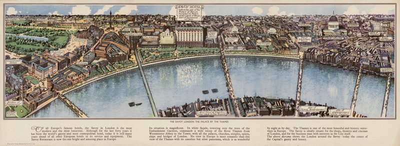 Mapa z lotu ptaka hotelu Savoy w Londynie, ok. 1940 r. (litografia kolorowa) autorstwa Ernest (after) Coffin