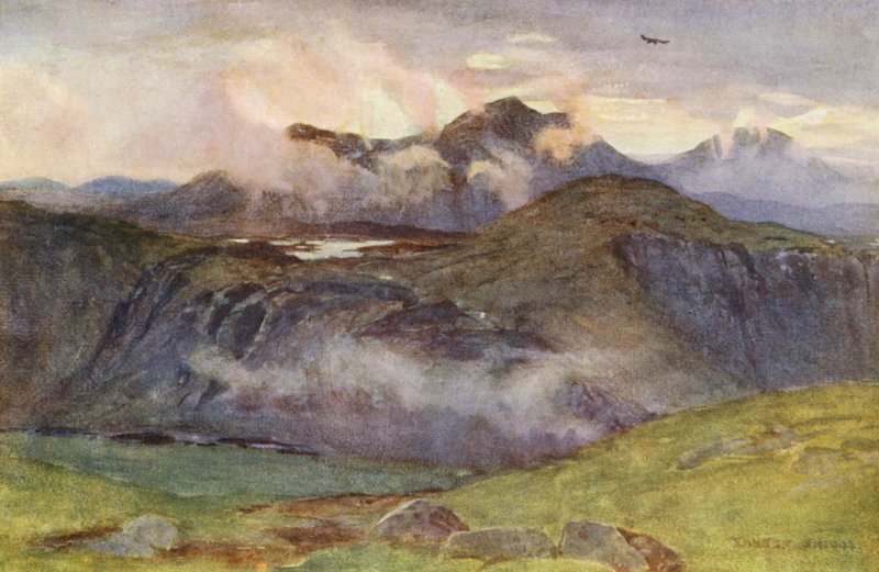 Merrick i Loch Enoch ze szczytu Corscrine (kolorowa litografia) autorstwa Ernest Edward Briggs