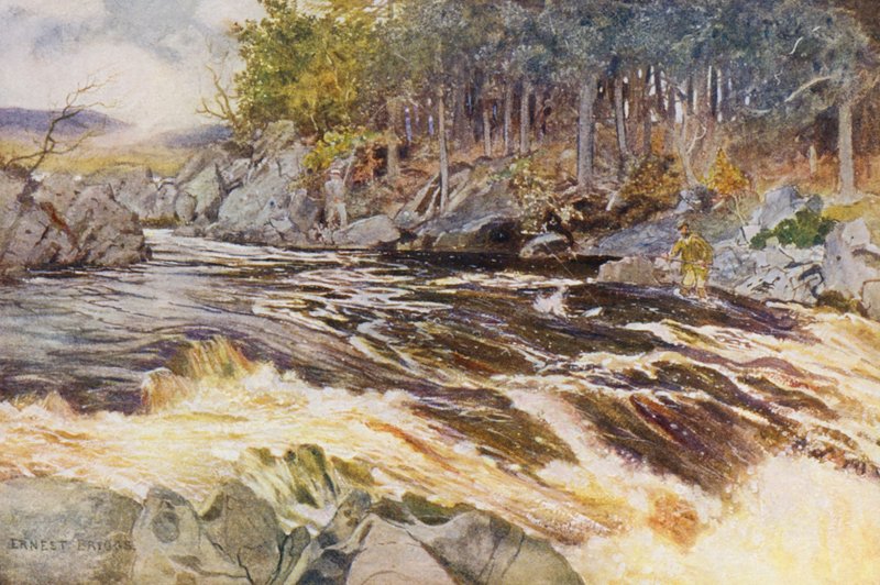 Połów łososia na Ken, krytyczny moment (kolorowa litografia) autorstwa Ernest Edward Briggs