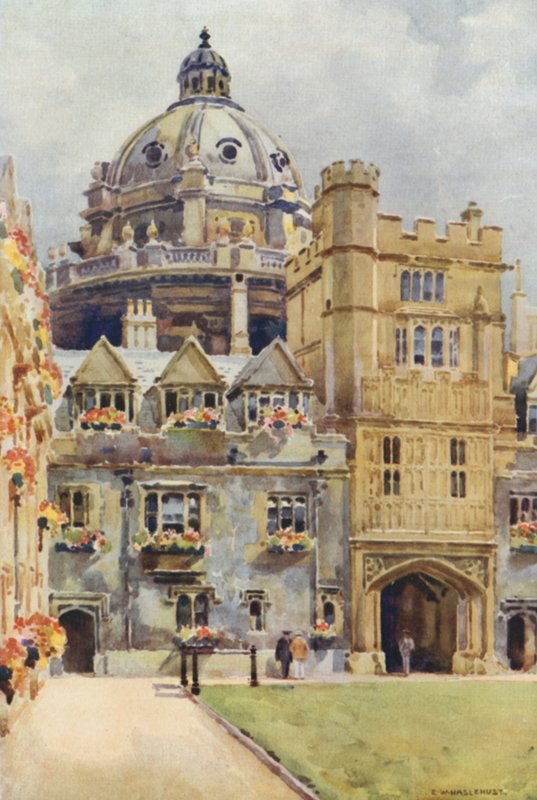 Brasenose College i Radcliffe Library Rotunda (kolor lito) autorstwa Ernest William Haslehust