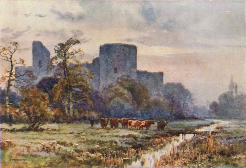 Zamek Pevensey z łąk (kolor lito) autorstwa Ernest William Haslehust