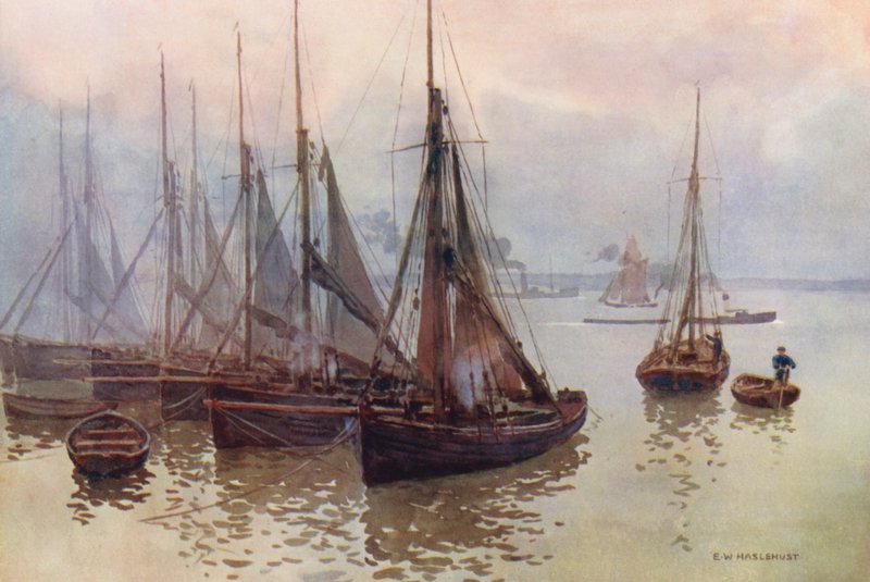 Tamiza: The Shrimping Fleet, Gravesend (kolorowa litografia) autorstwa Ernest William Haslehust
