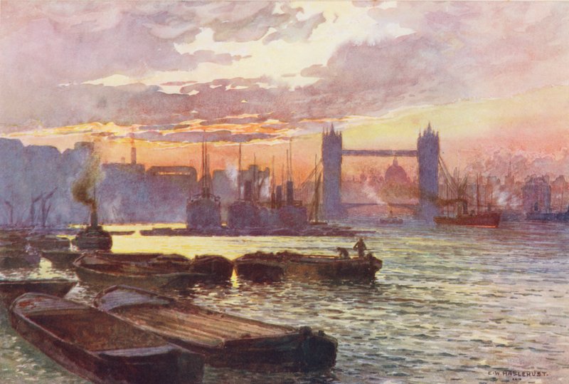 Tamiza: Tower Bridge (kolorowa litografia) autorstwa Ernest William Haslehust