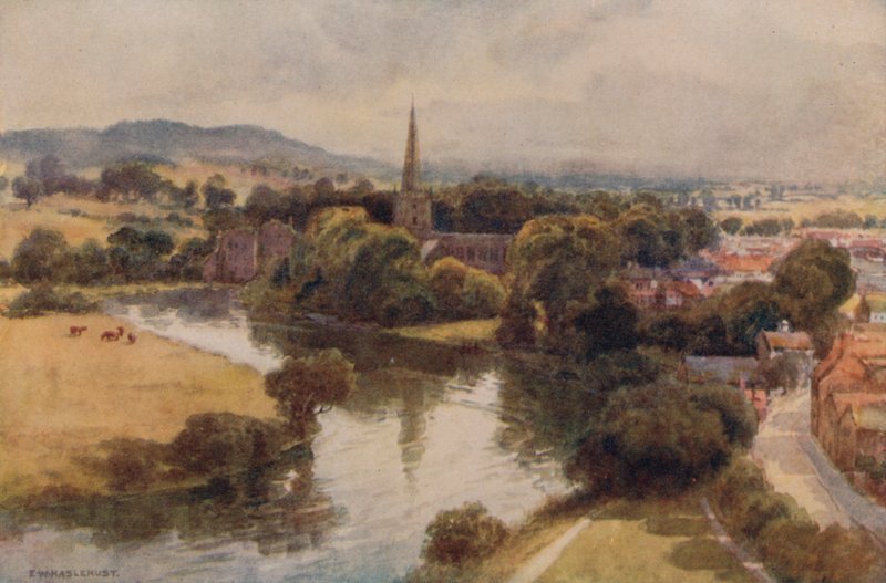 Stratford-on-Avon z Memorial Theater (kolor lito) autorstwa Ernest William Haslehust