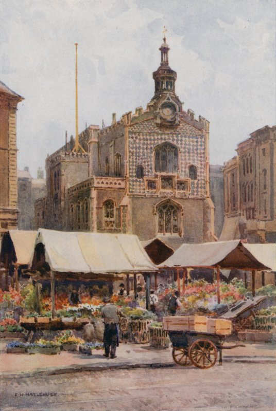Rynek i Guildhall, Norwich (kolor lito) autorstwa Ernest William Haslehust