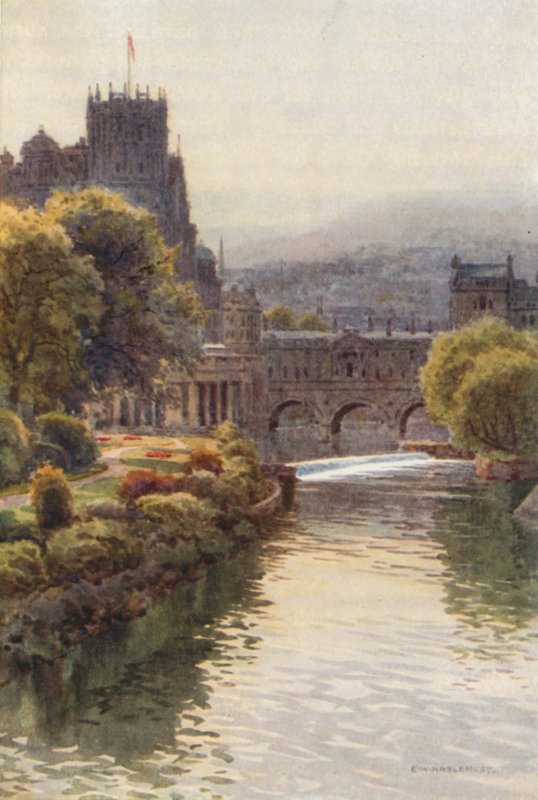 Widok z mostu North Parade, Bath (kolor lito) autorstwa Ernest William Haslehust