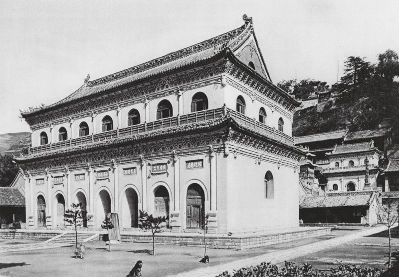 Wu tai shan, Hien tung sze, Shansi, biblioteka buddyjska i tarasy na końcu klasztoru (zdjęcie czarno-białe) autorstwa Ernst Boerschmann