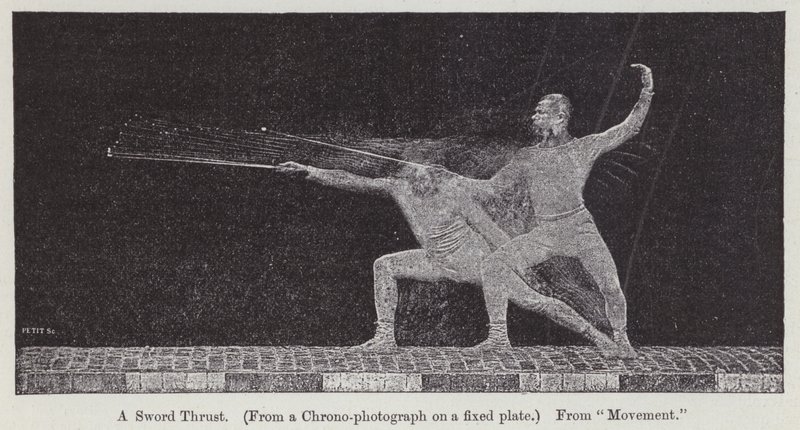 Chronofotografia przedstawiająca ruch związany z pchnięciem miecza (rycina) autorstwa Etienne Jules Marey