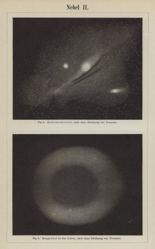Widoki Mgławicy Andromeda i Mgławicy Pierścień w gwiazdozbiorze Liry (rycina) autorstwa Étienne Léopold Trouvelot