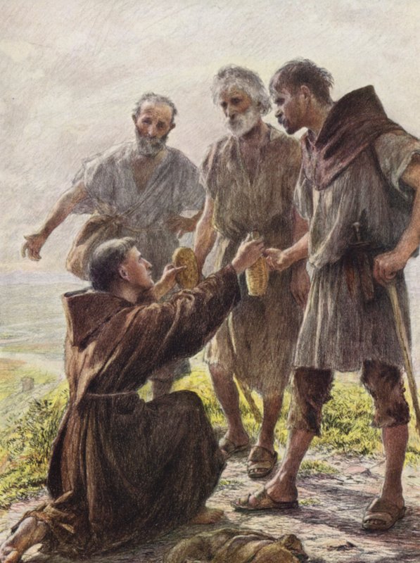 Brat Anioł i trzej rozbójnicy (kolorowa litografia) autorstwa Eugene (after) Burnand