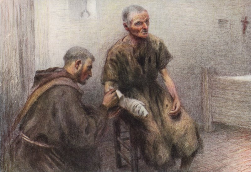 Brat Bentivoglia opiekuje się trędowatym (kolorowa litografia) autorstwa Eugene (after) Burnand