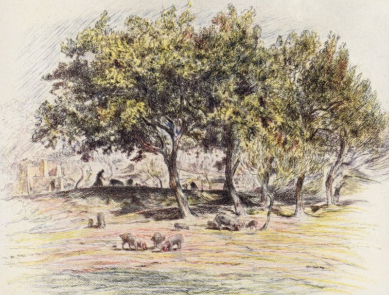 Brat Juniper odcina nogę świni, aby dać ją choremu człowiekowi (kolorowa litografia) autorstwa Eugene (after) Burnand