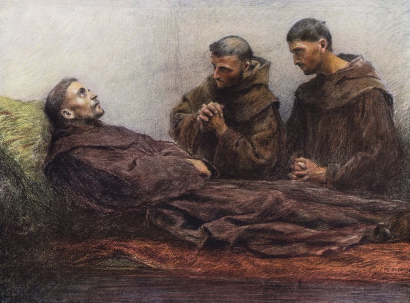Franciszek chory w pałacu biskupim w Asyżu (kolorowa litografia) autorstwa Eugene (after) Burnand