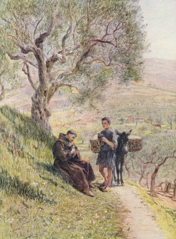 Święty Franciszek oswaja dzikie żółwie (kolorowa litografia) autorstwa Eugene (after) Burnand