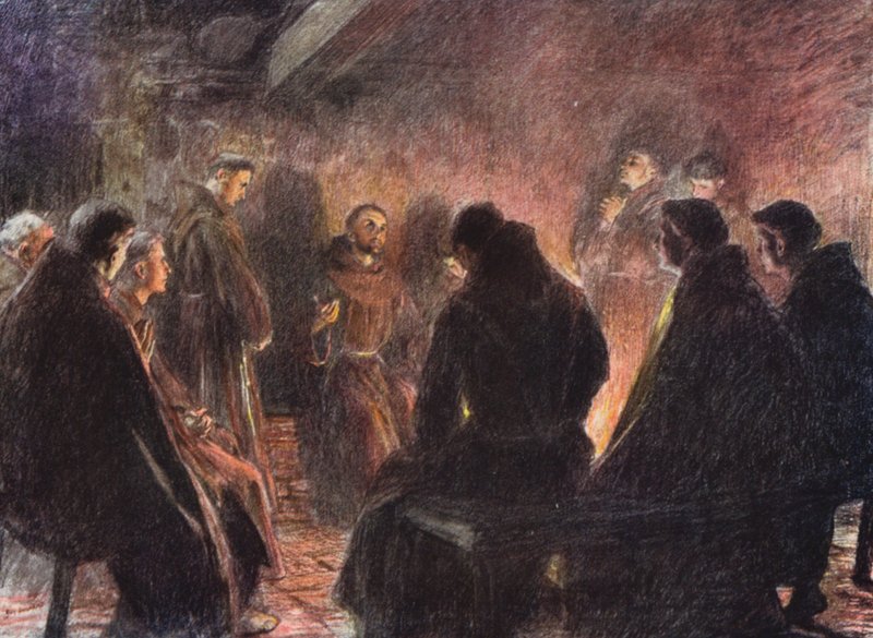 Święty Franciszek i bracia rozmawiający o Bogu (kolorowa litografia) autorstwa Eugene (after) Burnand