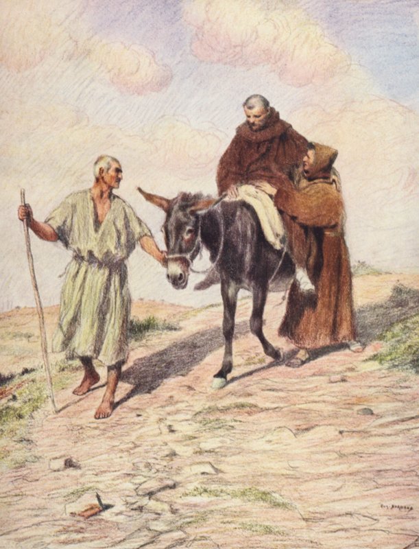 Franciszek schodzący z góry la Verna z bratem Leonem po odciśnięciu świętych stygmatów (kolorowa litografia) autorstwa Eugene (after) Burnand