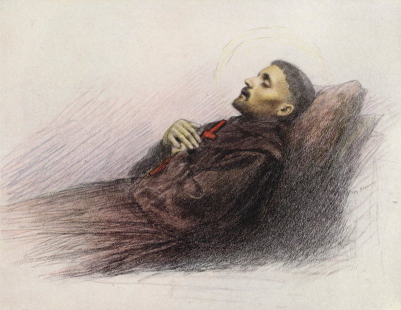 Święty Franciszek na łożu śmierci (kolorowa litografia) autorstwa Eugene (after) Burnand