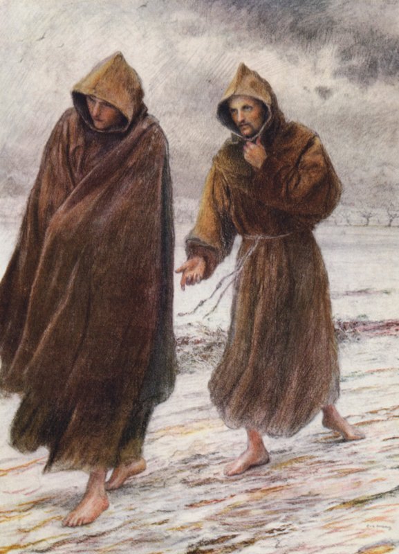 Święty Franciszek mówi bratu Leonowi, gdzie można znaleźć Doskonałą Radość (kolorowa litografia) autorstwa Eugene (after) Burnand