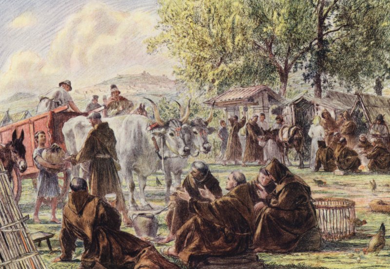 Kapituła Najświętszej Maryi Panny Anielskiej w pobliżu Asyżu (kolorowa litografia) autorstwa Eugene (after) Burnand