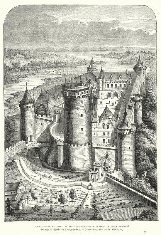 Chateau de Coucy, Pikardia, Francja, po odrestaurowaniu w XIX wieku przez Eugene Viollet-le-Duc autorstwa Eugene Emmanuel after Viollet le Duc