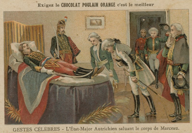 Oficerowie sztabu austriackiego pozdrawiają ciało generała Marceau po jego śmierci w Altenkirchen, Niemcy, 1796 autorstwa European School