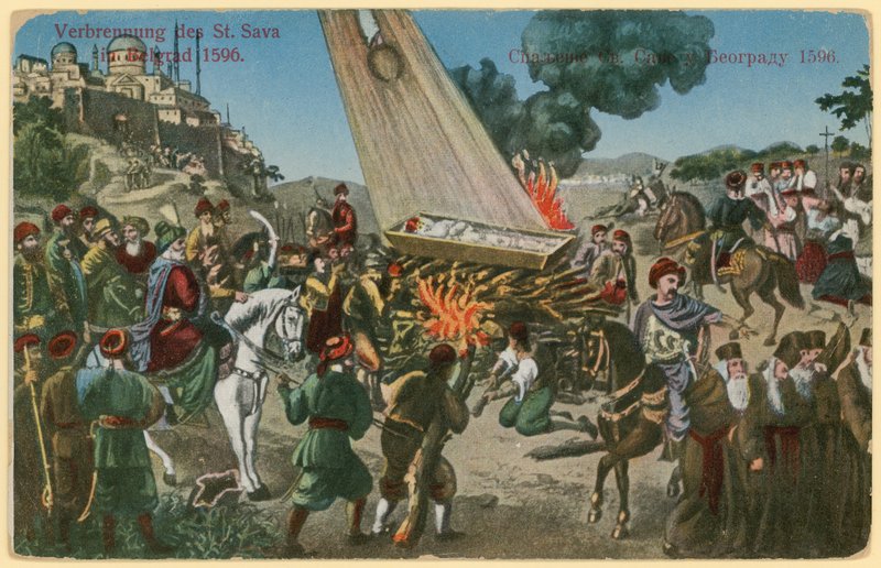 Turcy osmańscy palący szczątki św. Sawy za karę za powstanie Serbów, Belgrad, 1596 autorstwa European School