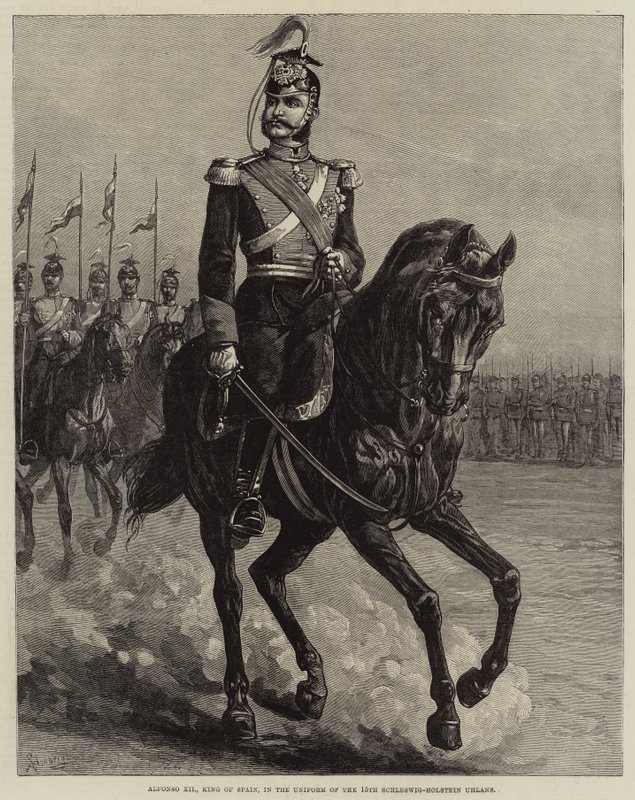 Alfons XII, król Hiszpanii, w mundurze XV Ułanów Szlezwiku-Holsztynu (rycina) autorstwa European School