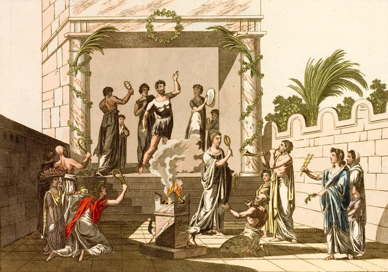 Starożytni Rzymianie wykonujący obrzędy Izydy w Pompejach (kolorowy grawerunek) autorstwa European School