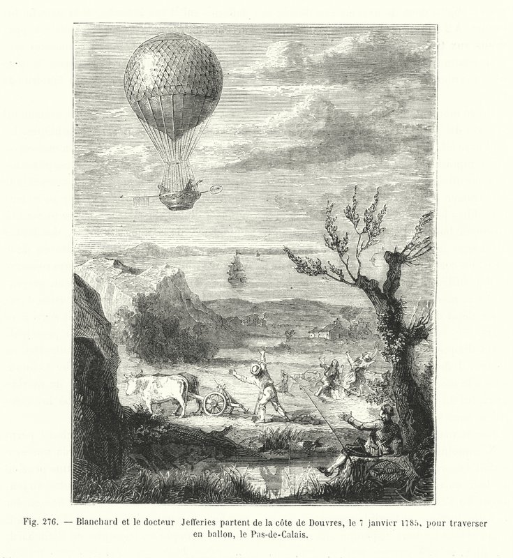 Blanchard i doktor Jefferies opuszczają wybrzeże Dover, 7 stycznia 1785, aby przekroczyć Pas-de-Calais balonem (grawerowanie) autorstwa European School
