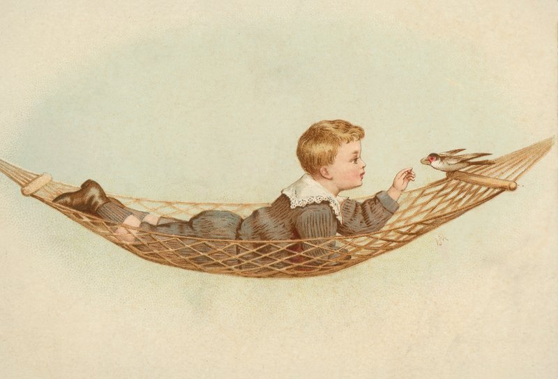 Chłopiec leżący w hamaku i karmiący ptaka (chromolitho) autorstwa European School