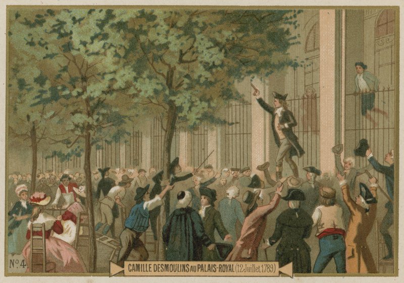 Camille Desmoulins wydaje wezwanie do broni przed Palais Royal, Paryż, Rewolucja Francuska, 12 lipca 1789 autorstwa European School