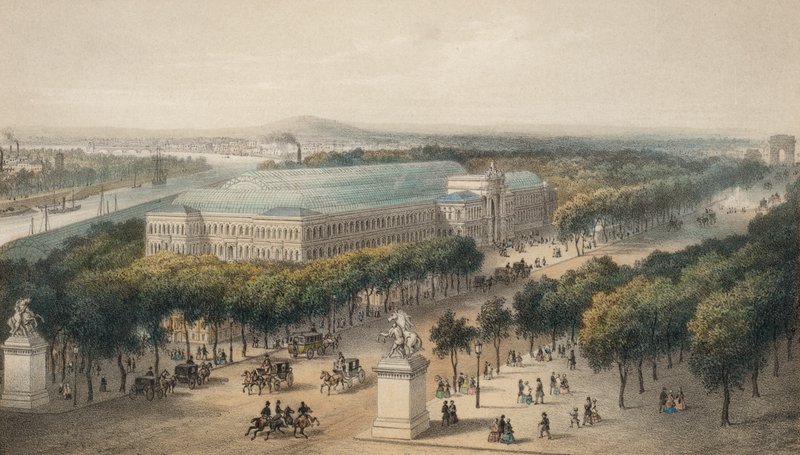 Pola Elizejskie i Pałac Przemysłu zbudowane na Wystawę Światową 1855, Paryż, Francja (kolorowa litografia) autorstwa European School