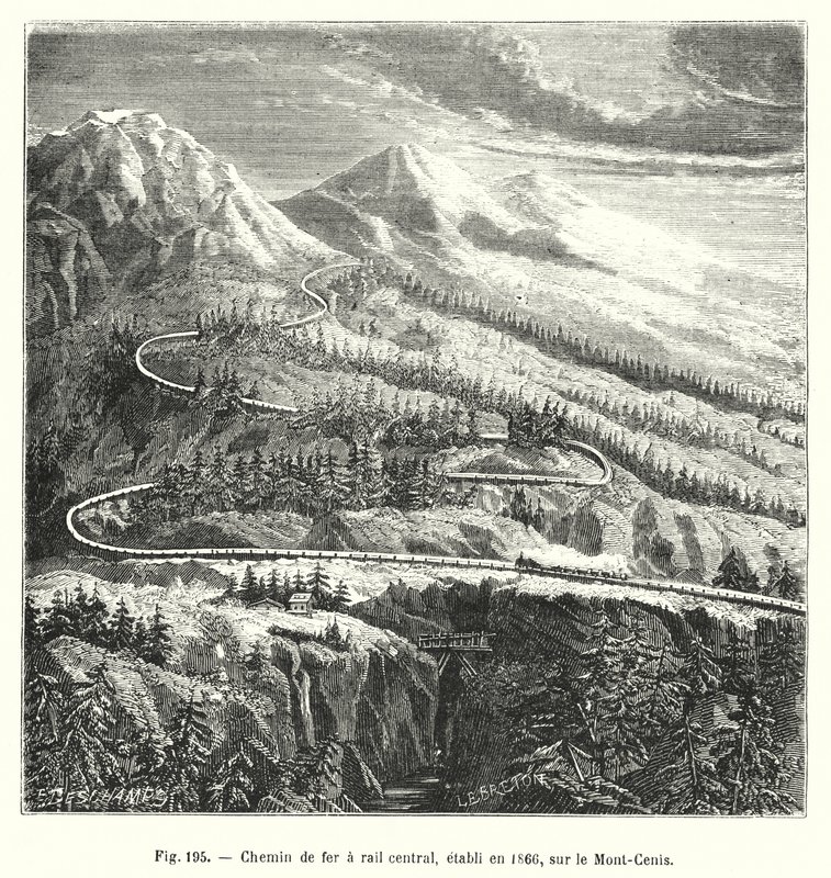 Linia kolejowa, założona w 1866 r., na Mont-Cenis (rycina) autorstwa European School