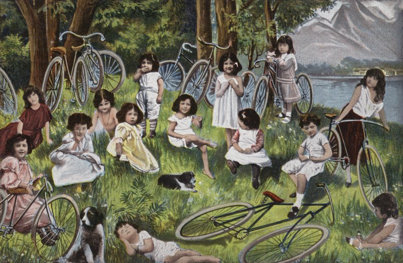 Dzieci i rowery nad jeziorem w Europie (kolorowa litografia) autorstwa European School