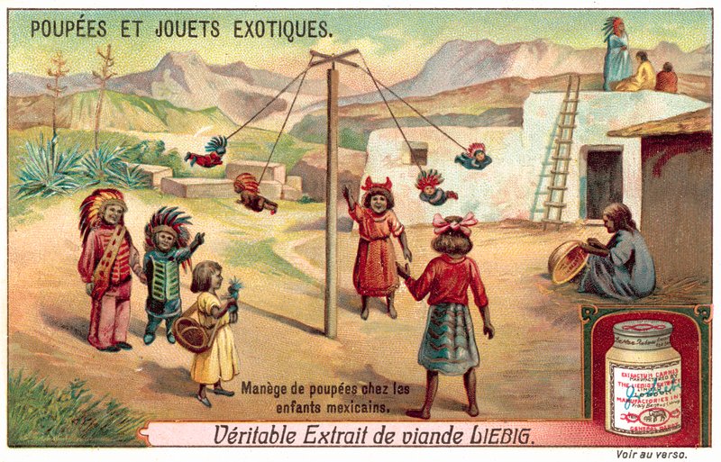 Dzieci w Meksyku bawiące się lalkami na karuzeli (chromolitho) autorstwa European School