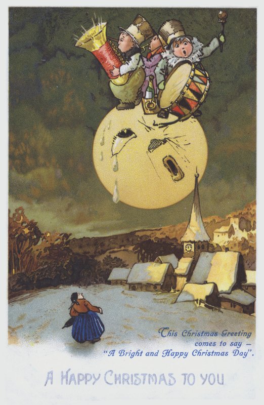 Świąteczna kartka z życzeniami przedstawiająca zespół muzyków na księżycu nad zaśnieżonym miastem. (chromolitho) autorstwa European School