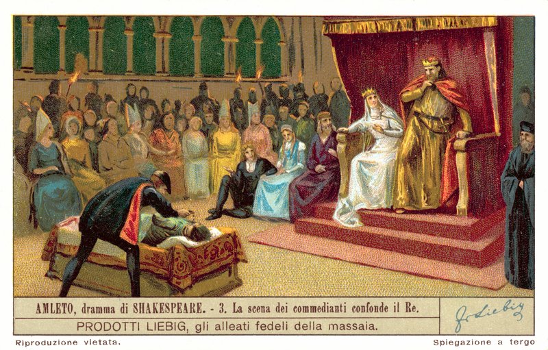Klaudiusz reagujący na scenę przedstawiającą morderstwo Króla Gracza (chromolitho) autorstwa European School