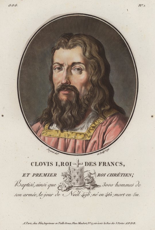 Clovis I, król Franków (kolorowy grawerunek) autorstwa European School