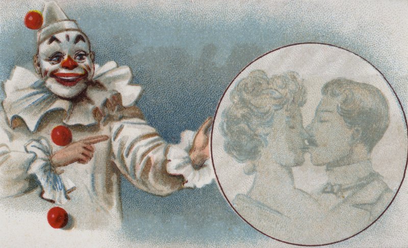 Klaun obserwujący całującą się parę (chromolitho) autorstwa European School