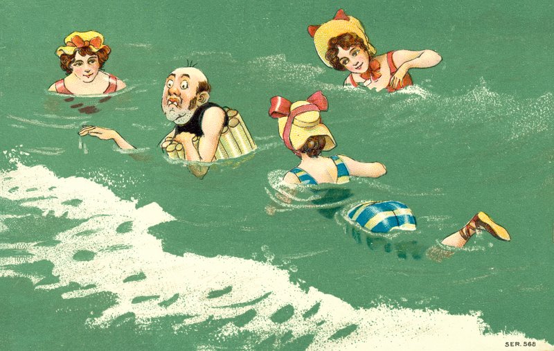 Komiksowa scena kąpieli morskiej (kolorowa litografia) autorstwa European School