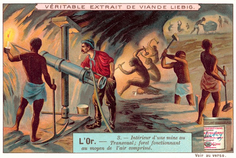 Wiertarka na sprężone powietrze w kopalni złota w Transwalu (chromolitho) autorstwa European School