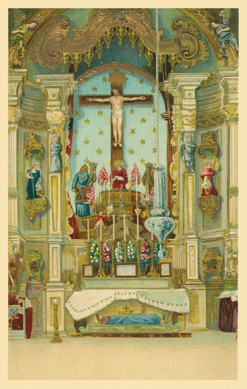 Ukrzyżowany Chrystus nad ołtarzem kościoła (chromolitografia) autorstwa European School