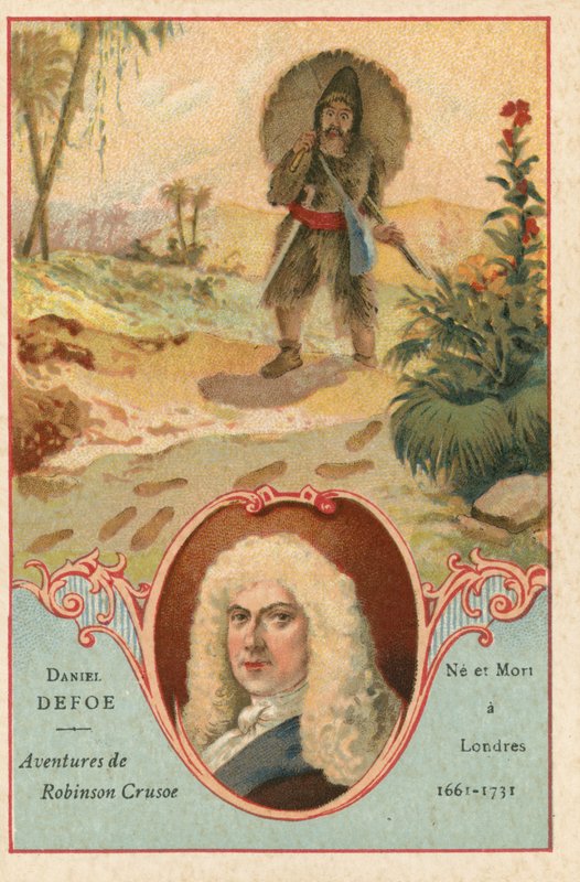 Daniel Defoe, angielski powieściopisarz i scena z Robinsona Crusoe autorstwa European School