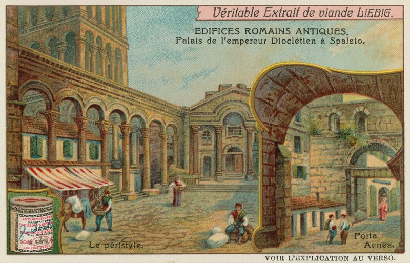 Pałac Dioklecjana w Splicie w Chorwacji ze szczegółami kolumnady i południowej bramy morskiej (chromolitho) autorstwa European School